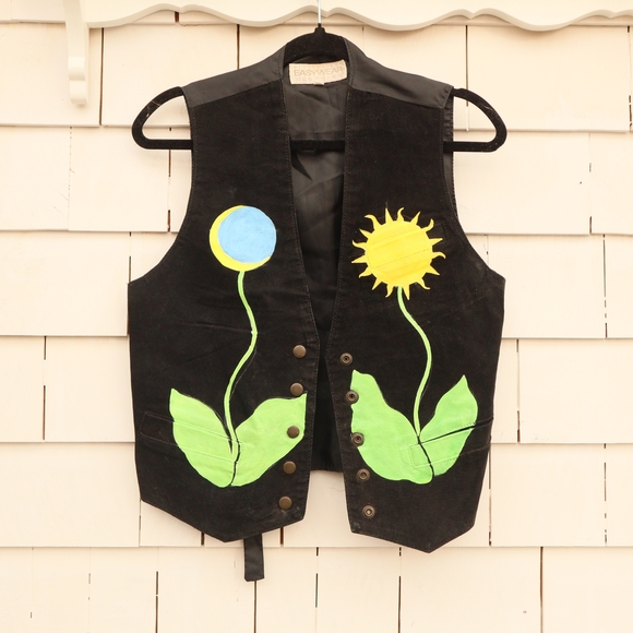 Handmade Jackets & Blazers - Hand Painted Black Suede Vest Sun Moon Upcycled Vintage S • M • L